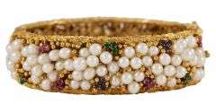 Vintage Pearl and Multi Gemstone Hammered Bangle Bracelet in 12K