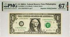 Superb Crisp 2003A $1 Note Philadelphia Repeater Serial # 92379237 PMG 67!