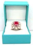 Charming 5.25CTS Emerald Cut Ruby & Diamond Halo Adjustable Ring in Sterling Silver