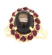 10kt Yellow gold black star sapphire and ruby halo vintage style ring