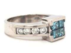 14kt White gold 1.20ctw IR blue and white square and round diamond ring