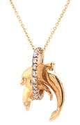 14kt Yellow gold 0.20ctw diamond double dolphin Jumping on hoop pendant on chain