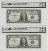 2 PMG-67 EPQ 1957 Series $1 Silver Certificates from same pack
