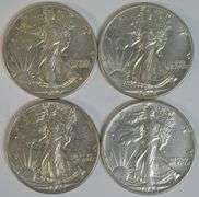 4 Nice 'P' Mint AU Walking Liberty Half Dollars: 2 1942, 1943, & 1945