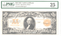 1922 $20 Gold Certificate Fr#1187 Speelman/White Very Good 25