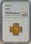 Nearly BU 1855 US $3 Gold Piece. NGC AU55