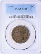 1851 Braided Hair Large Cent PCGS VF-20 BN Choice Mid-Grade, Strong Detail, Classic U.S. Copper