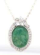 Awesome 5.25CTS Oval Cabochon-Cut Natural Emerald & 2.15CTW White Sapphire Pendant 18-Inch Necklace 