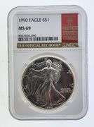 1990 American Silver Eagle, NGC MS69 "Red Book Label"