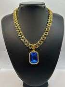 Dazzling 14 K Yellow Gold Plate Simulated Blue Tanzanite Chain Pendant Necklace
