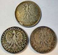 1928 Poland 5 Zlotych, & two 1932 Poland 10 Zlotych silver pieces