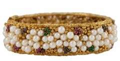 Vintage Pearl and Multi Gemstone Hammered Bangle Bracelet in 12K