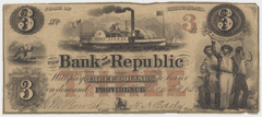 Scarce Providence RI $3 Bank of the Republic Obsolete Note – Steamboat Vignette – Civil War Era