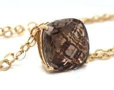 14kt Yellow gold Cushion smokey quartz pendant on 2 row cable chain necklace