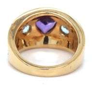 18kt Yellow gold bezel set Trillion amethyst, round aquamarine rope style Etruscan ring