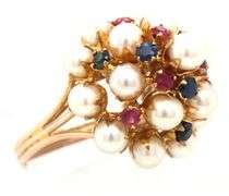 12kt Yellow gold pearl and multi gemstone cluster dome ring