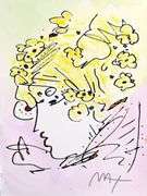Rare Peter Max Original Mixed Media with Watercolor 'Profile with Flowers', c. 1989