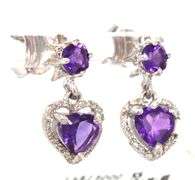 Darling Heart Shaped Faceted Amethyst & Diamond Earrings in Sterling Silver