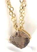 14kt Yellow gold Cushion smokey quartz pendant on 2 row cable chain necklace