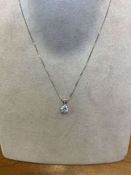 14K White Gold Solitaire Diamond Pendant Necklace
