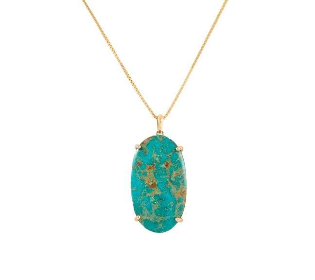 18kt Yellow gold oval Turquoise pendant on box chain