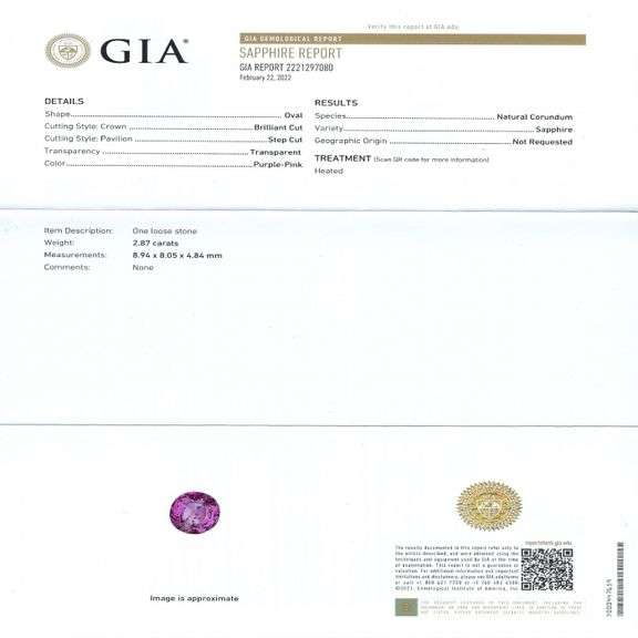 PLATINUM PURPLE-PINK SAPPHIRE AND DIAMOND RING 3.71 C.T.W., GIA CERTIFIED