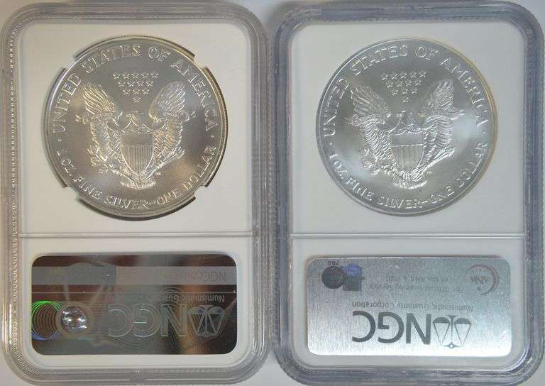 Near Perfect 2003 & 2005 $1 American Silver Eagles. NGC MS69