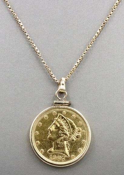 1907 $5 gold coin in frame pendant on box chain necklace