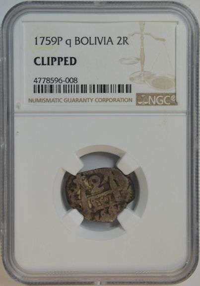 Scarce 1759P q Bolivia 2 Reals. NGC holder