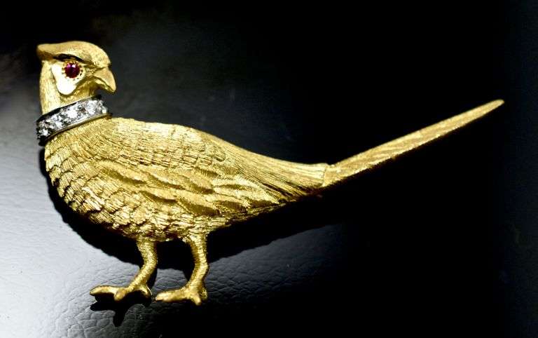 Gorgeous Designer 18K  Pheasant Brooch