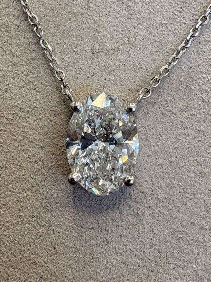 14K White Gold Oval Diamond Solitaire Pendant Necklacet