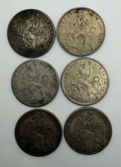 Collection of six Peruvian Un Sol Silver Coins from the 1920's