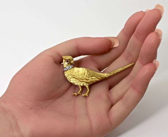 Gorgeous Designer 18K  Pheasant Brooch
