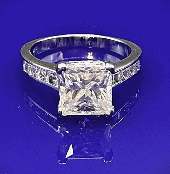 14 Kt Sparkling White Gold Plate 5 Ct Princess Cut White  Vs1 Fire Moissanite Ring