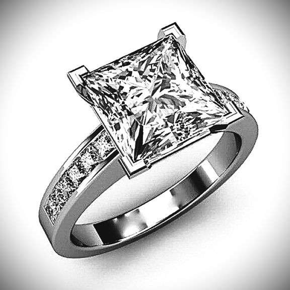 14 Kt Sparkling White Gold Plate 5 Ct Princess Cut White  Vs1 Fire Moissanite Ring