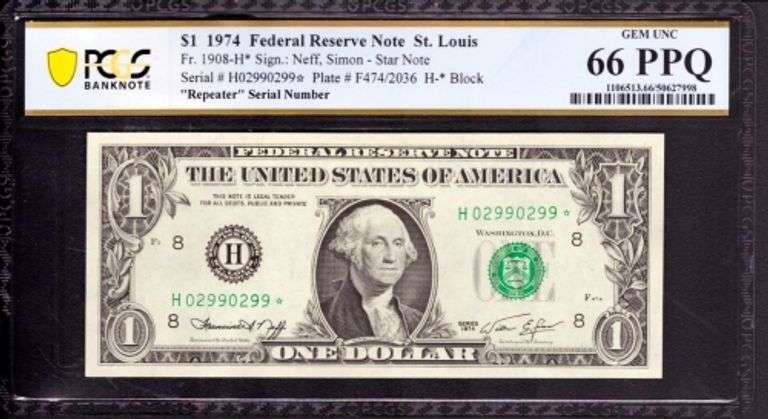 Superb Crisp $1 1974 ST Louis Repeater STAR Note PCGS 66-Tough Note!