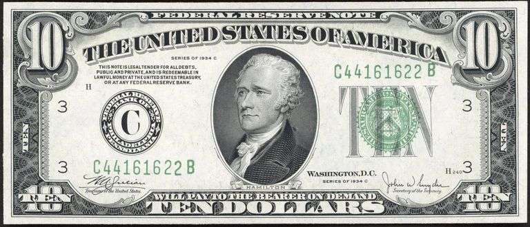 1934-C $10 Federal Reserve Note Philadelphia District Choice AU