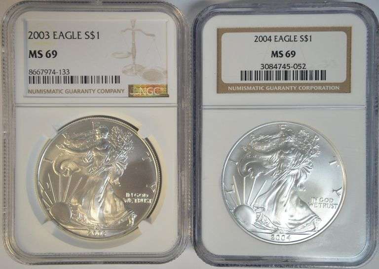 Near Perfect 2003 & 2005 $1 American Silver Eagles. NGC MS69