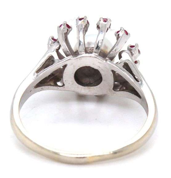 Unusual 14K WG Ring with Pearl and Rubies