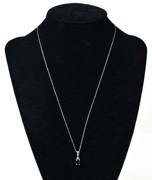 Stunning 14K White Gold Blue Saphhire Gemstone Pendant Necklace with Diamond Accents
