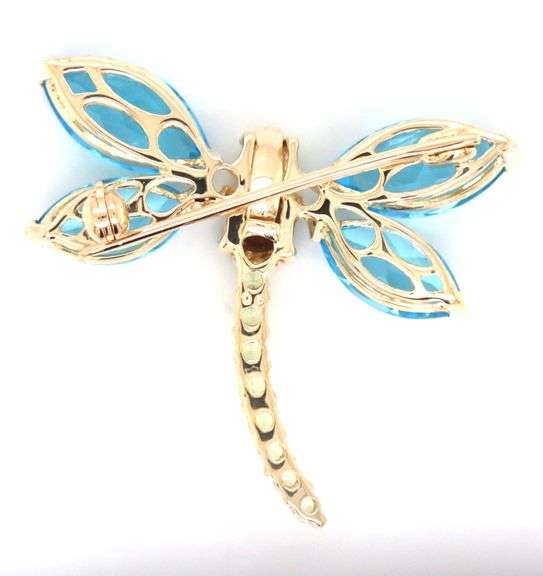 14kt Yellow gold marquise blue topaz, peridot and smokey quartz butterfly brooch pendant