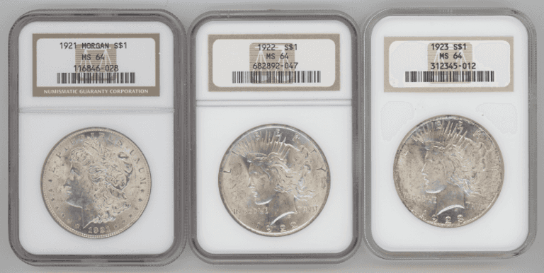 Near Gem BU 1921 Morgan & 1922 & 1923 Peace Silver Dollars. NGC MS64