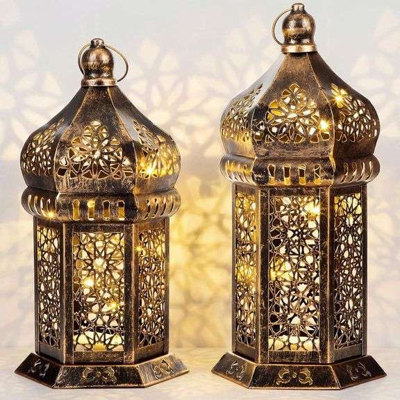 Lot of 2 Bronze Moroccan-Style Lanterns with Lights