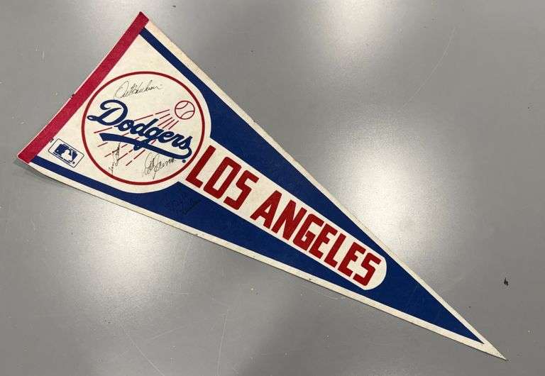 One very rare Los Angeles Dogers Pennant, signed by 5 players