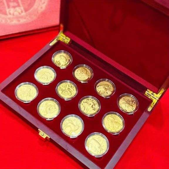 12 Zodiac Signs Golden Zodiac Coin Collection in Wooden Case