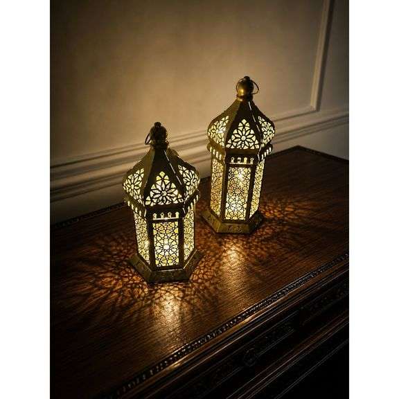 Lot of 2 Bronze Moroccan-Style Lanterns with Lights