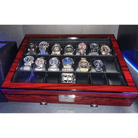 21 Slot Lockable Wooden Watch Display Case with Glass Lid