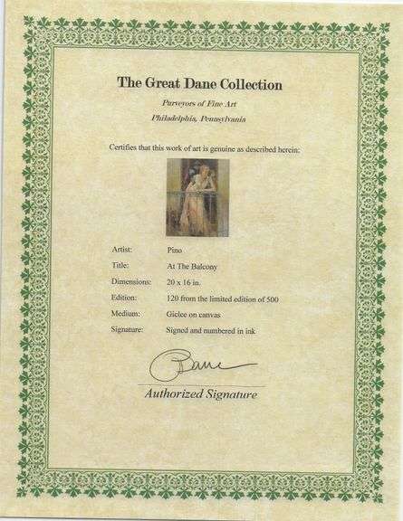 Exclusive Pino 'At The Balcony' Limited Edition Signed Giclee on Canvas