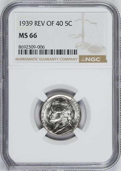 1939 Jefferson Nickel NGC MS66 Reverse of 1940 Variety (Rev. of '40) GEM BU White