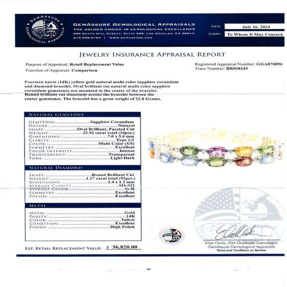14K YELLOW GOLD MULTICOLOR SAPPHIRE AND DIAMOND BRACELET 34.09 C.T.W.